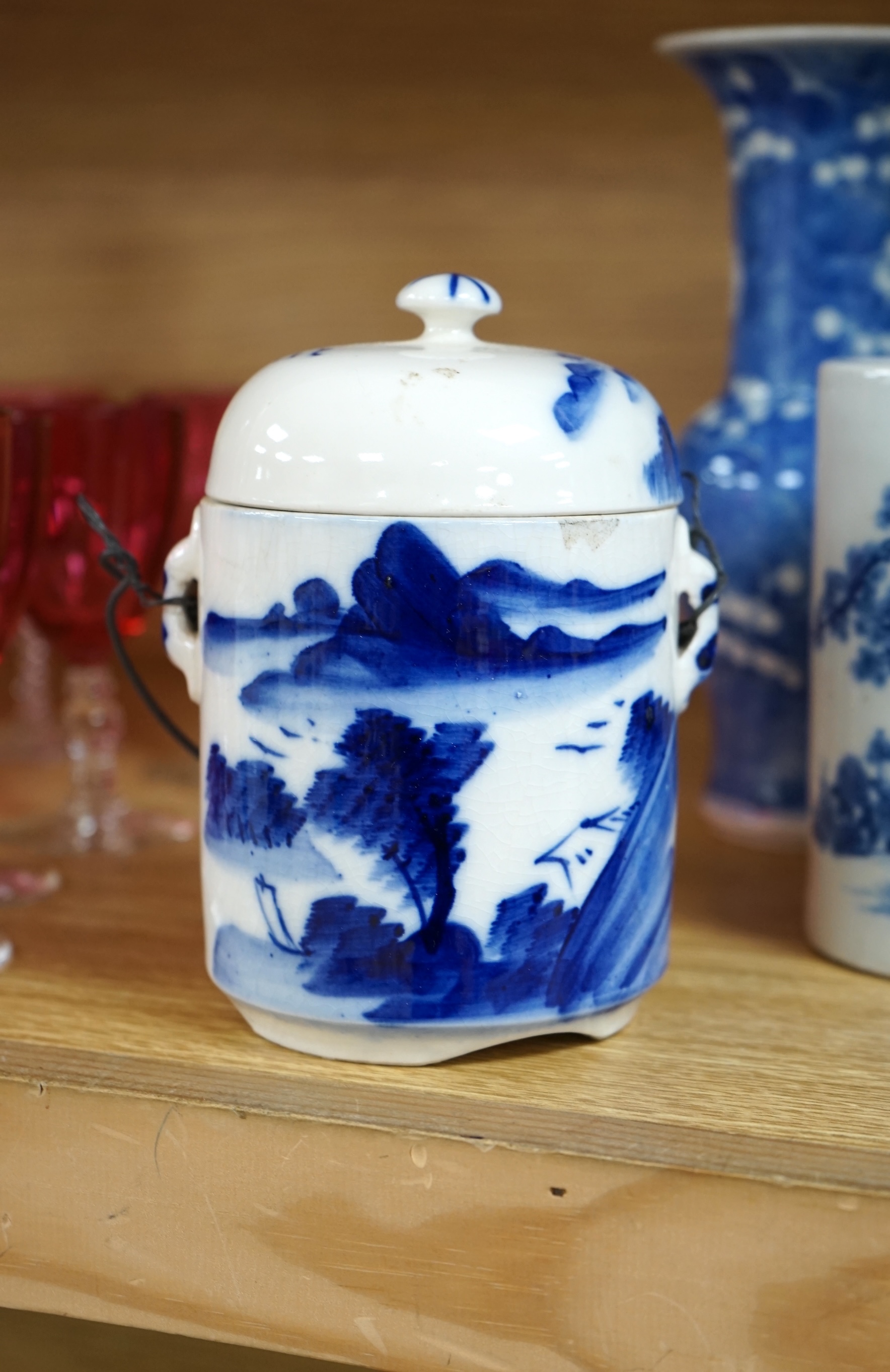 A collection of 19th and 20th century Chinese blue and white vases and tea bowls, largest 21cm high. Condition - varies, mostly poor